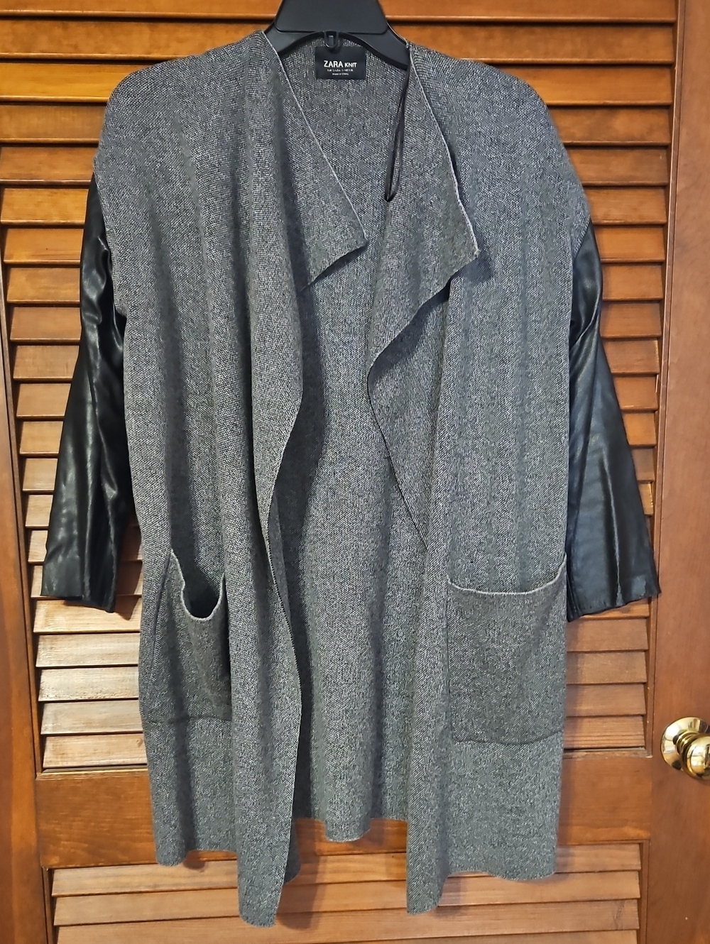 ZARA Gray Knit Open-Front Cardigan with Black Faux Leather Sleeves